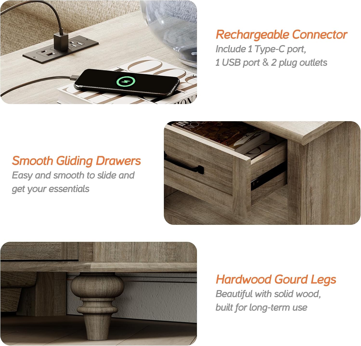WAMPAT 2 Piece Bedroom Set - Includes 6 Drawer Dresser for Bedroom, Farmhouse Nightstand with Charging Station & Drawers & Cubby, 2 Piece Dresser and Nightstand Sets, Grey