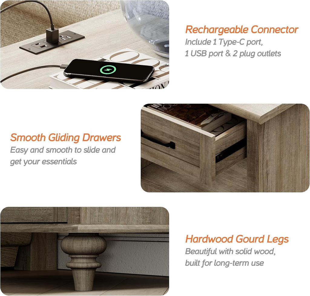 WAMPAT 3 Piece Bedroom Set - Includes 6 Drawer Dresser, Set of 2 Farmhouse Nightstands with Charging Station & Drawers & Cubby, 3 Piece Dresser and Nightstand Sets, Grey
