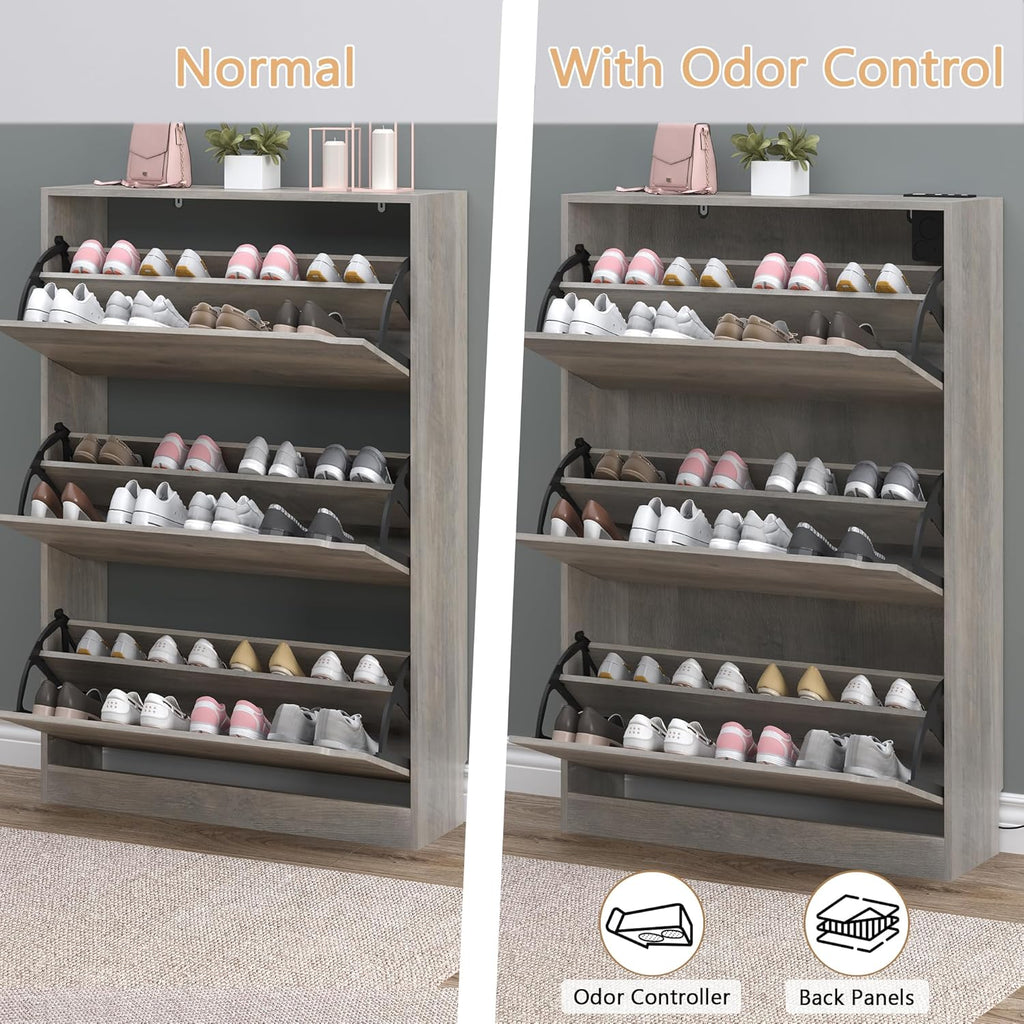 BORNOON Shoe Cabinet with Odor Control and Back Panels, Deodorizing Slim 3-Flip Shoe Storage Cabinet for Entryway, Freestanding Hidden Shoe Rack Organizer for Entrance, Hallway, Bedroom