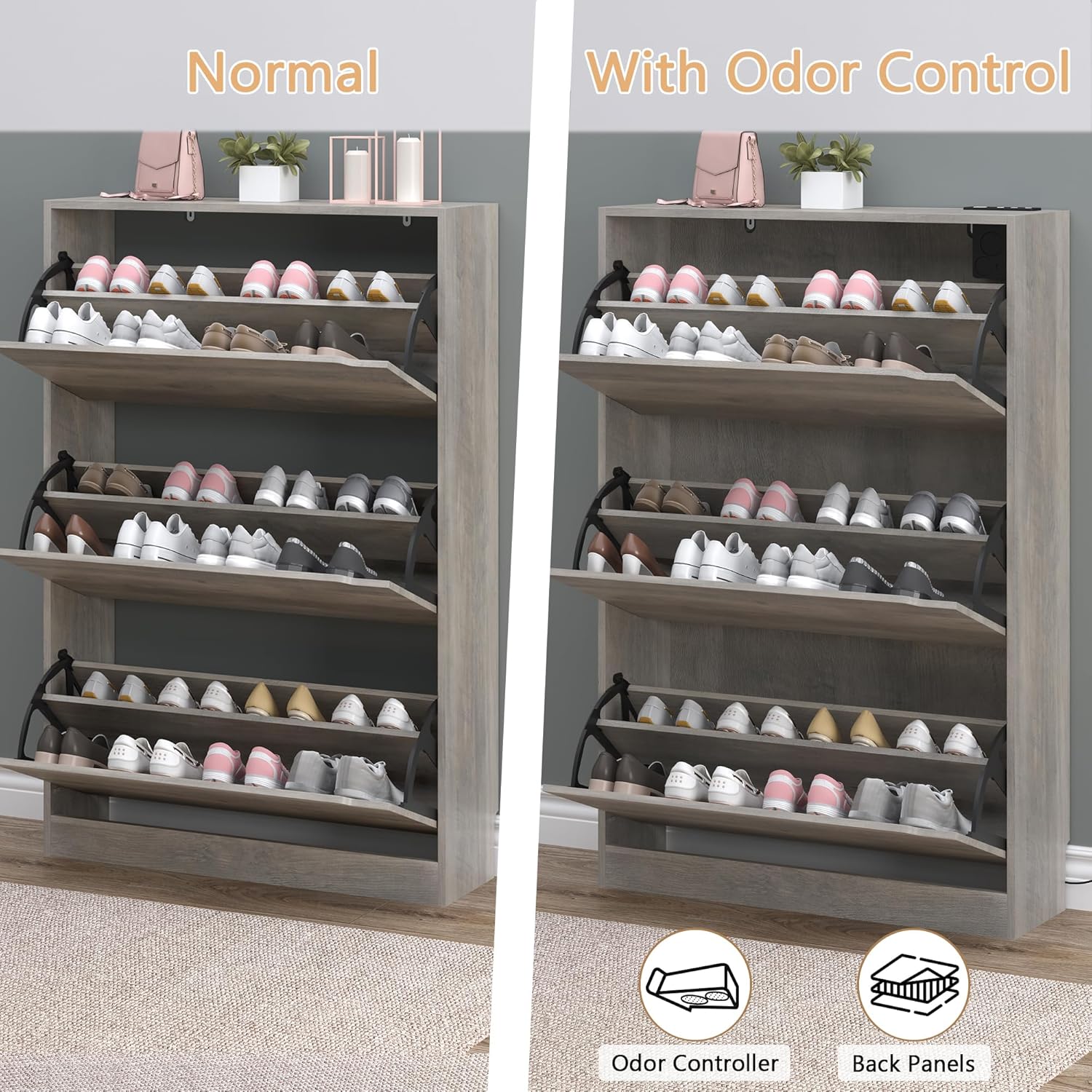 BORNOON Shoe Cabinet with Odor Control and Back Panels, Deodorizing Slim 3-Flip Shoe Storage Cabinet for Entryway, Freestanding Hidden Shoe Rack Organizer for Entrance, Hallway, Bedroom