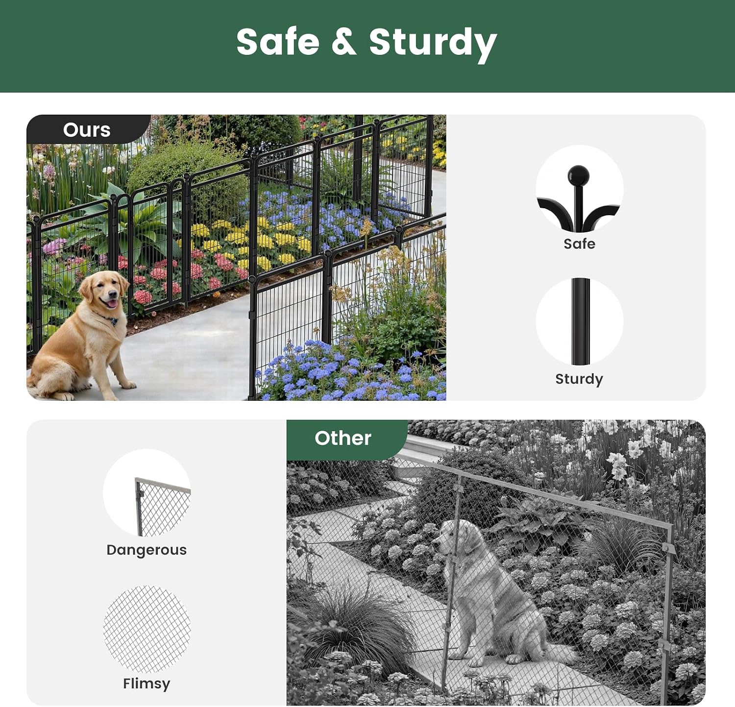 32 in(H) Decorative Garden Fence Outdoor for Yard with 2 Gates,Heavy Duty Iron 16 Panels Total 34.7ft(L) Anti Dig Fence with Gravity Automatic Lock for Indoor/Outdoor Dog Fence for rv Camping,Black