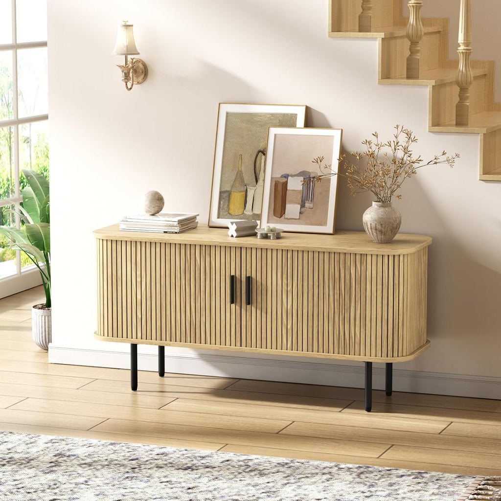 FiveWillowise 47' Natural Fluted TV Stand for TVs up to 60 Inch, Gaming Entertainment Center with Tambour Slatted Sliding Doors and Storage Cabinet, Media TV Consoles Table for Living Room, Office