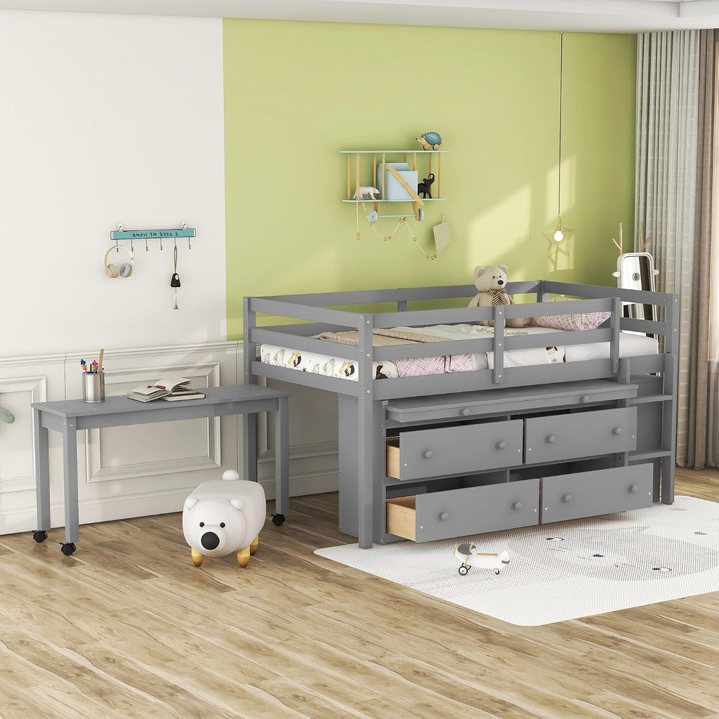 JIVOIT Twin Size Low Loft Bed with Retractable Writing Desk, Storage Bed with 4 Drawers and Shelves, Wooden Loft Bed with Lateral Portable Desk for Kids Teens Adults Bedroom (Gray,Twin,9)