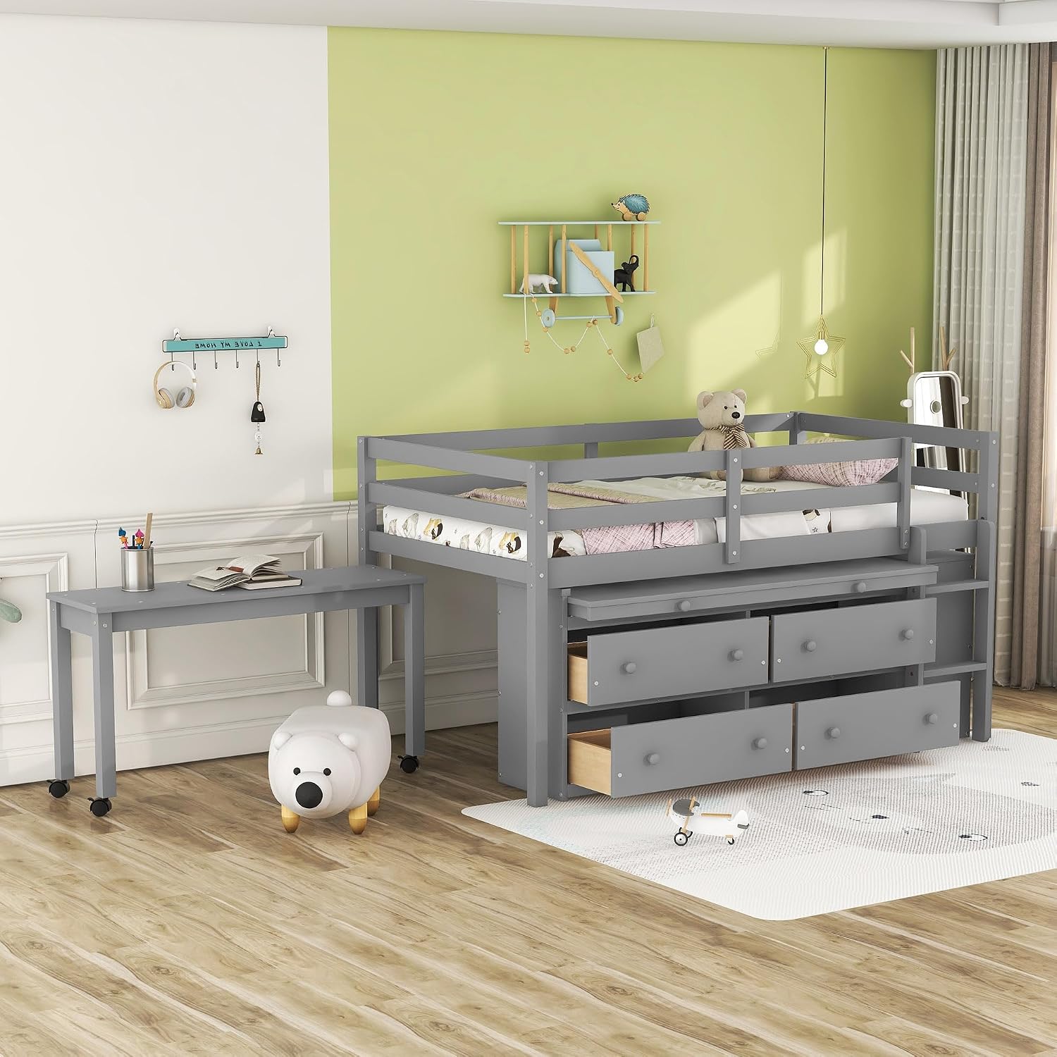 JIVOIT Twin Size Low Loft Bed with Retractable Writing Desk, Storage Bed with 4 Drawers and Shelves, Wooden Loft Bed with Lateral Portable Desk for Kids Teens Adults Bedroom (Gray,Twin,9)