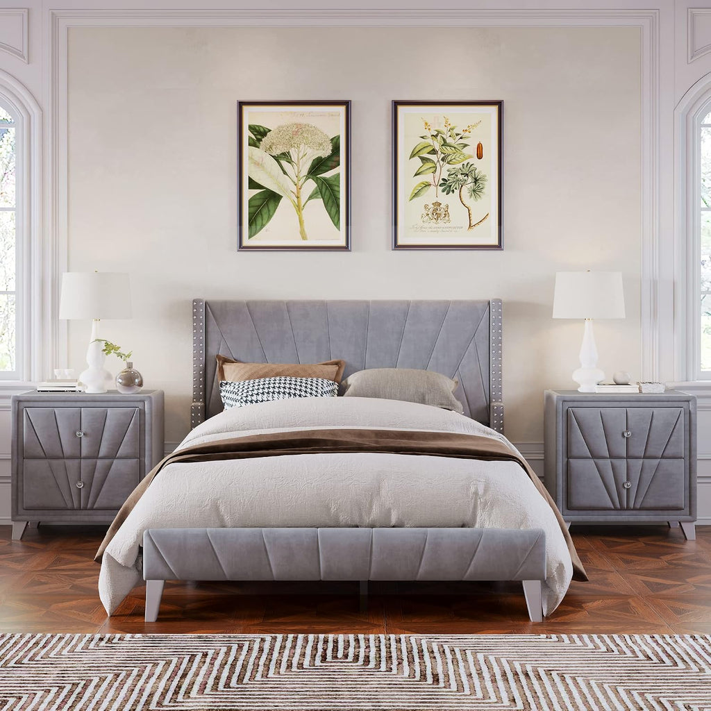 3 Pieces Velvet Bedroom Set with Full Upholstered Bed and Two Nightstand, Contemporary Furniture Set for Bedroom Living Room (Gray+3 Pieces+Full)