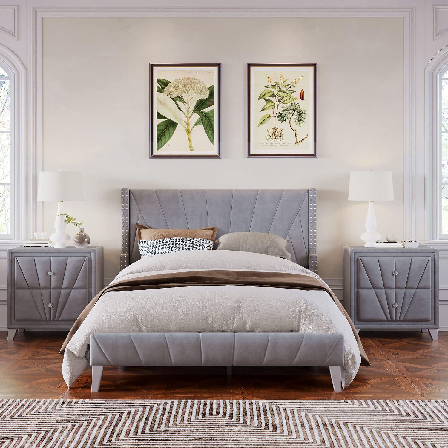 3 Pieces Velvet Bedroom Set with Full Upholstered Bed and Two Nightstand, Contemporary Furniture Set for Bedroom Living Room (Gray+3 Pieces+Full)