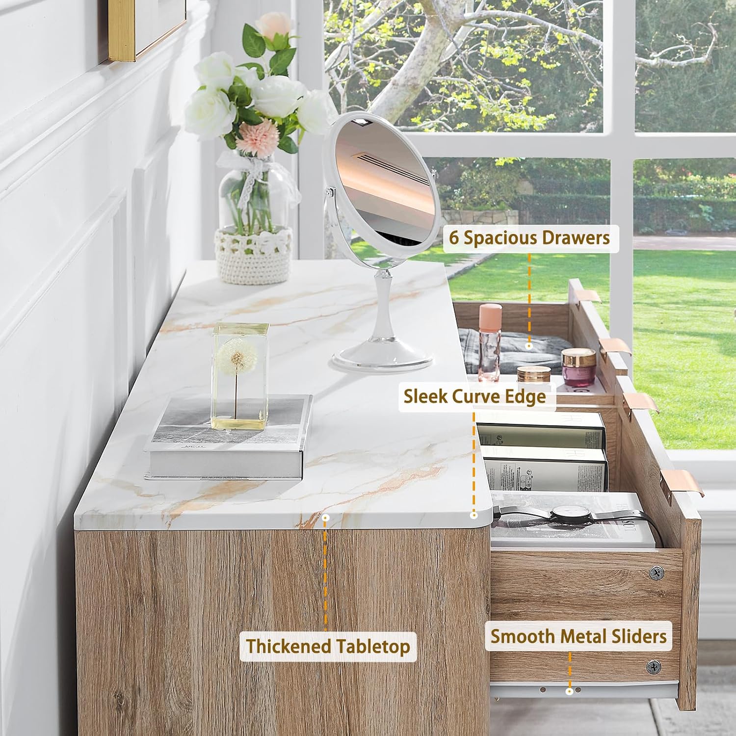6 Drawers Dresser for Bedroom, 54' Large Storage Dresser, Natural Oak Dressers with Faux Marble Top, Modern Dressers & Chests of Drawers for Living Room Entryway, Natural Fluted 6 drawers dresser