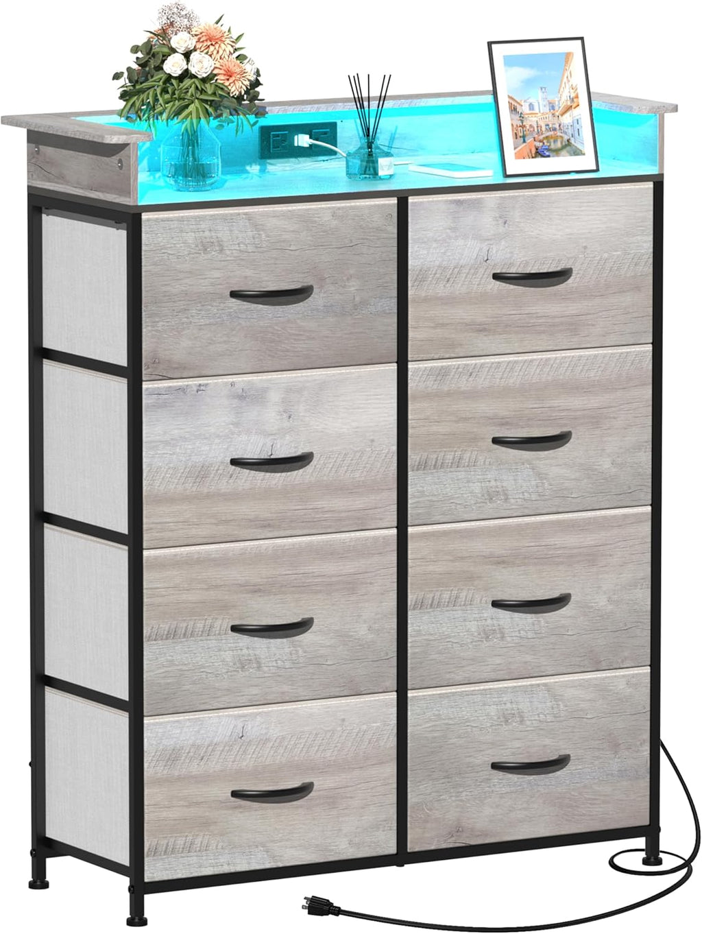 Dresser for Bedroom with Charing Station Grey Dresser with LED Lights Tall Dressers with 8 Drawers Storage Tower for Closet Living Room Hallway Entryway Sturdy Steel Frame Wood Top