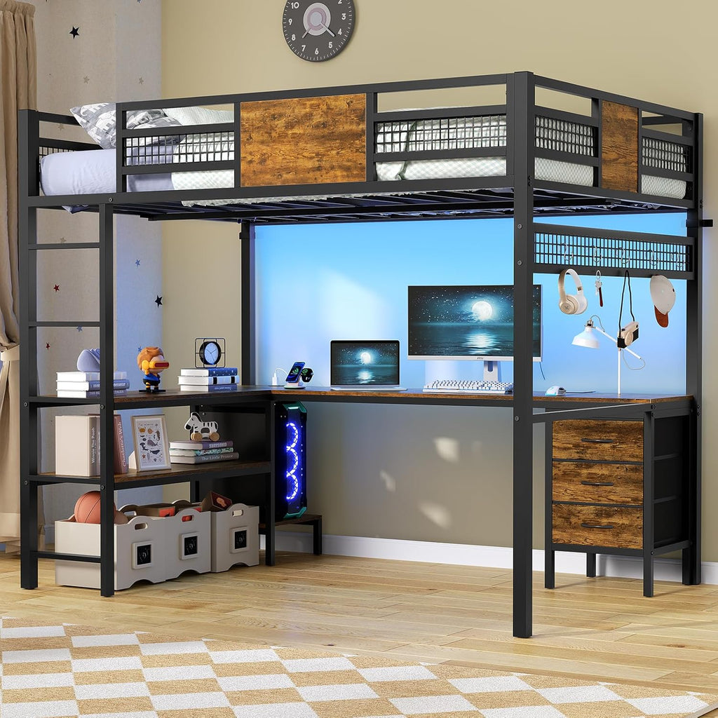 ADORNEVE Loft Bed Full Size with L-Shaped Desk, 3 Storage Drawers, Power Outlet, 3 Storage Shelves, Metal Loft Bed Frame with RGB Lights, Bed with Safety Guardrail & Ladders,Space-Saving,Rustic Brown