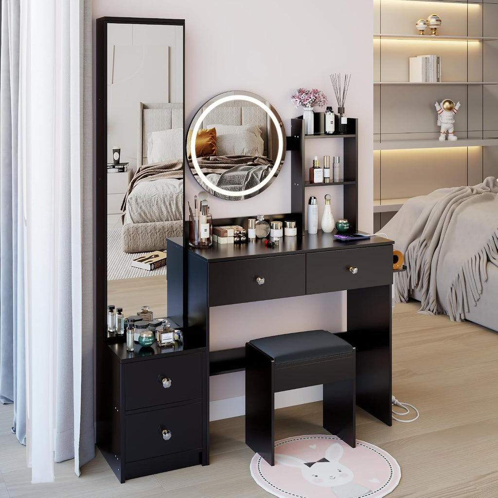 Modern Vanity Desk with Lights Detachable Full-Length Mirror Cabinet Power Outlet Makeup Dressing Table Vanity Set with Stool 4 Drawers Open Shelves for Bedroom Girl Women Vanity Gift (Black)