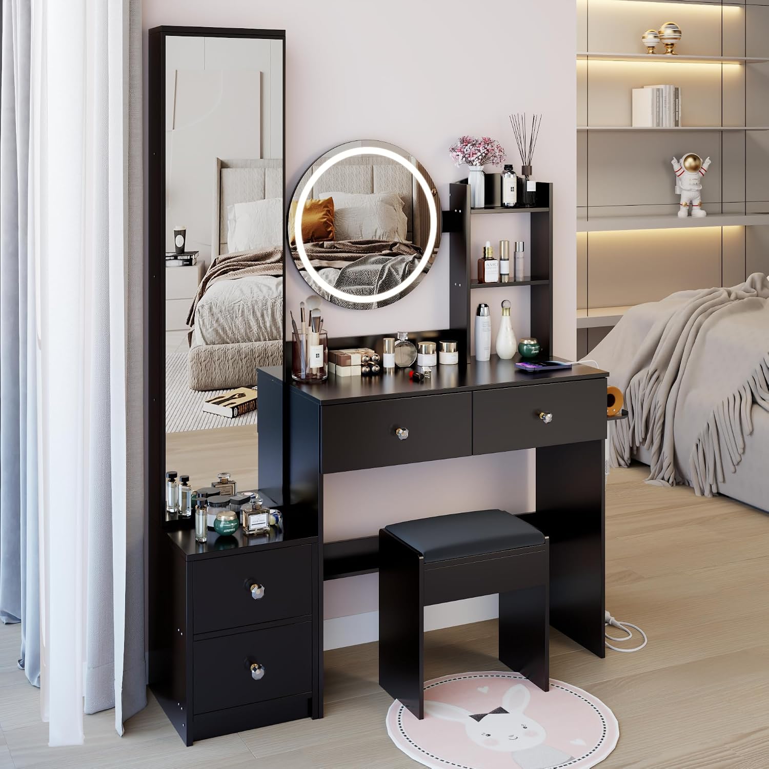 Modern Vanity Desk with Lights Detachable Full-Length Mirror Cabinet Power Outlet Makeup Dressing Table Vanity Set with Stool 4 Drawers Open Shelves for Bedroom Girl Women Vanity Gift (Black)