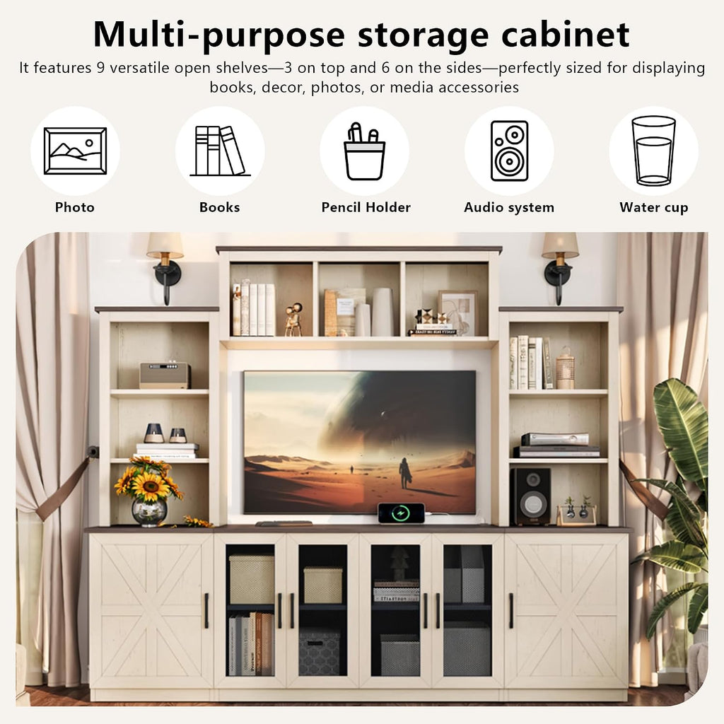 Entertainment Center Wall Unit with Storage for TVs Up to 55', Farmhouse TV Stand with Bookcase and Storage Cabinets, TV Stand Media Console for Living Room, Beige