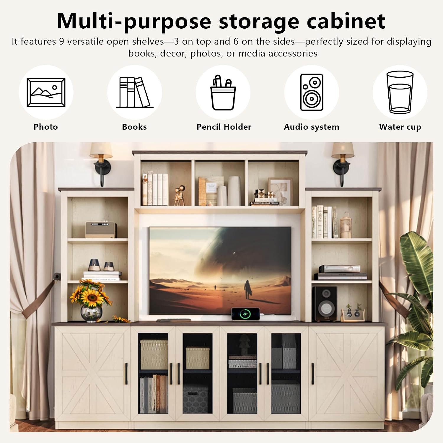 Entertainment Center Wall Unit with Storage for TVs Up to 55', Farmhouse TV Stand with Bookcase and Storage Cabinets, TV Stand Media Console for Living Room, Beige