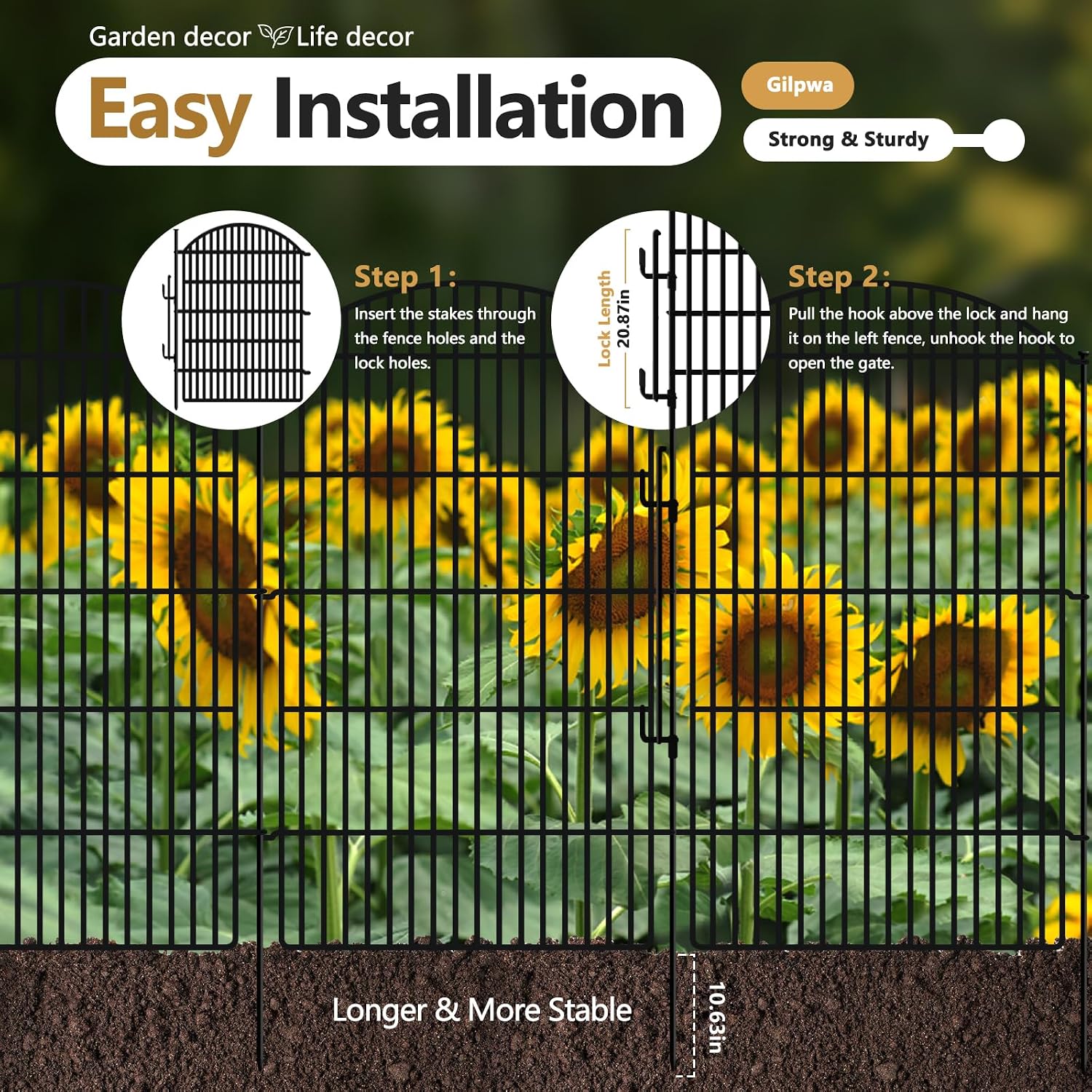 10 Panels Decorative Garden Fence with Lock, 48in (H) x 24ft (L) No Dig Dog Animal Barrier for Outdoor Yard, Rustproof Ground Stakes Metal Fencing for Yard, Patio, Flower Bed