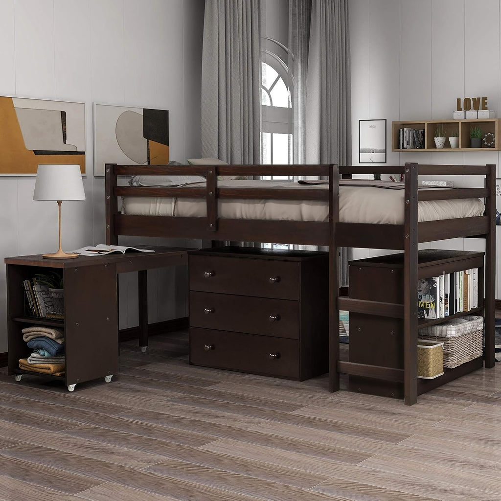 Twin Size Low Loft Bed with Rolling Portable Desk, Wooden Loft Bed with Cabinet/Bookshelf/Drawers/Open Shelves for Kids Teens Adults, No Box Spring Required (Espresso-Twin-Rolling Portable Desk)