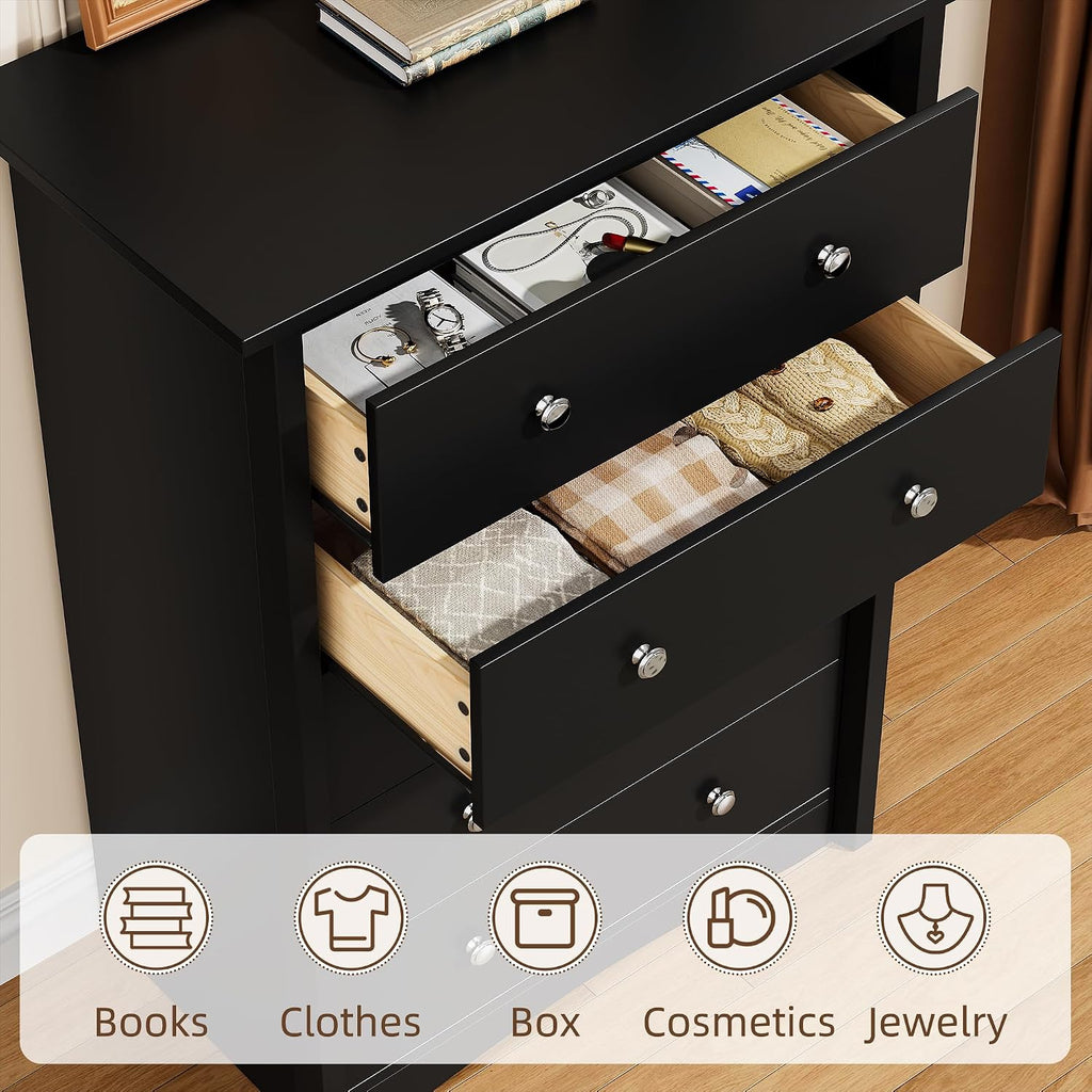 YESHOMY Tall Dresser for Bedroom with 5 Drawers, Modern Chest of Drawers, Wooden Dressers, TV Stand for Living Room,Closet, Hallway (Black)