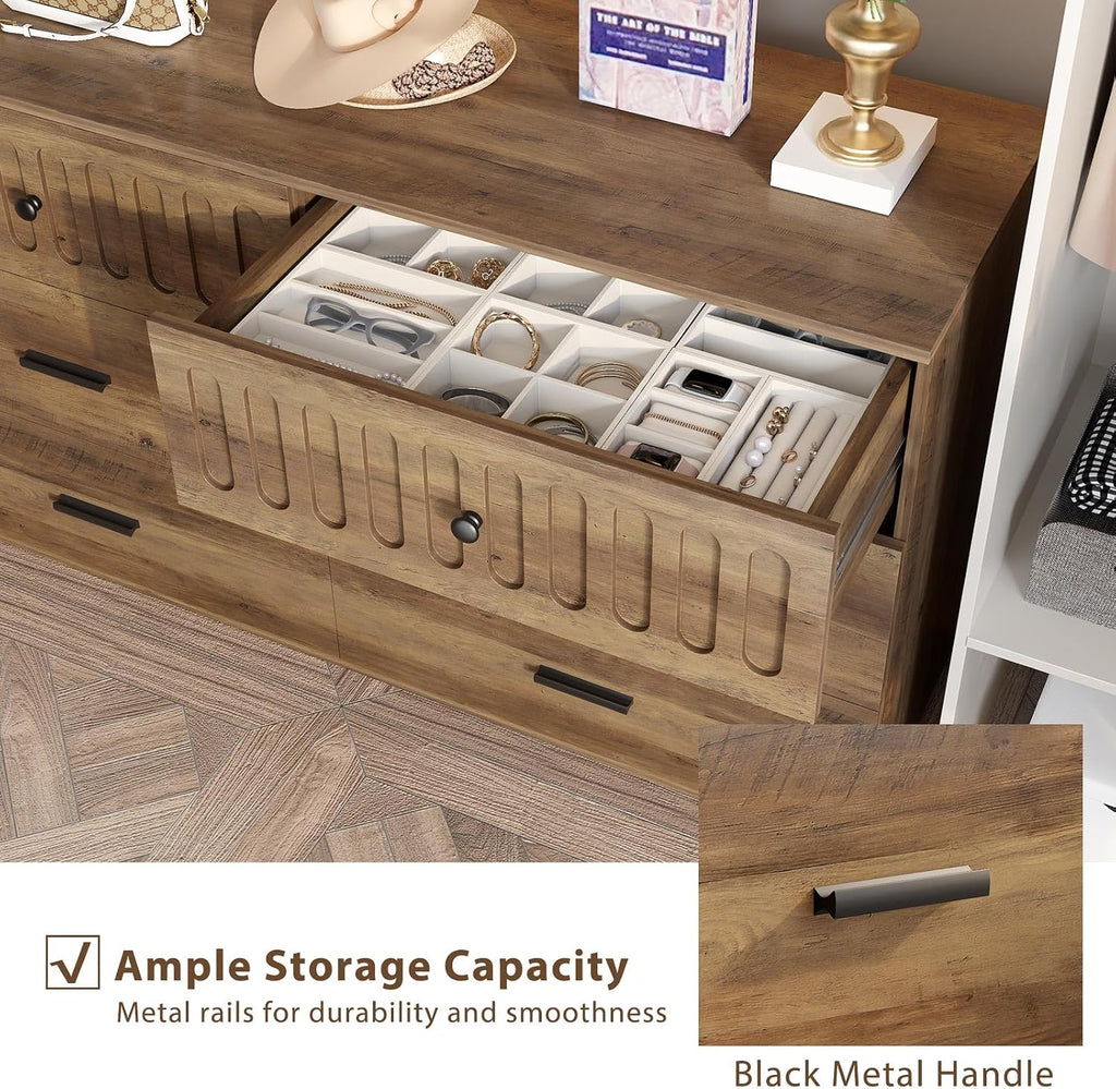 IBF Farmhouse Dresser for Bedroom Modern 6 Drawer Dresser Fluted Chest of Drawers Large Wood Closet Dressers with Anti-Tipping Design for Bedroom, Living Room, Hallway, Entryway, Nursery, Rustic Oak