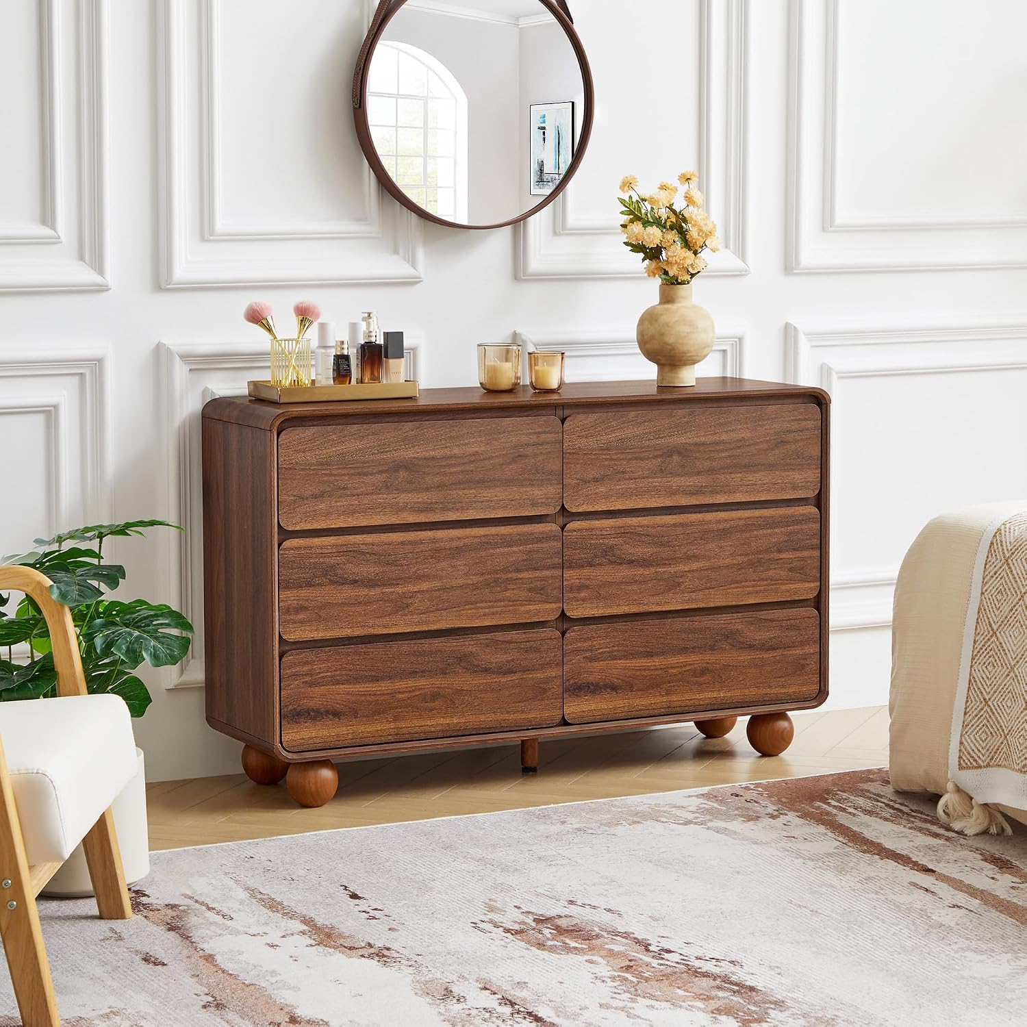 AVZEAR Modern 6 Drawer Dresser for Bedroom, 48' Wide Wooden Dresser Chest of Drawers, Handle Free & Curved Profile Design, Mid Century Closet Clothes Storage Organizer for Living Room, Walnut