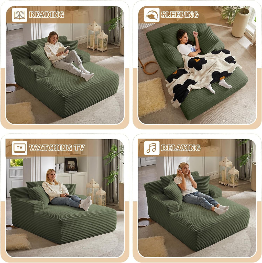 Oversized Chaise Lounge Chair Indoor, 66' Cloud Boneless Sleeper Couch Corduroy Upholstered Sofa Bed Deep Seat Comfy Reading Chair with 3 Pillows for Living Room Bedroom, Green