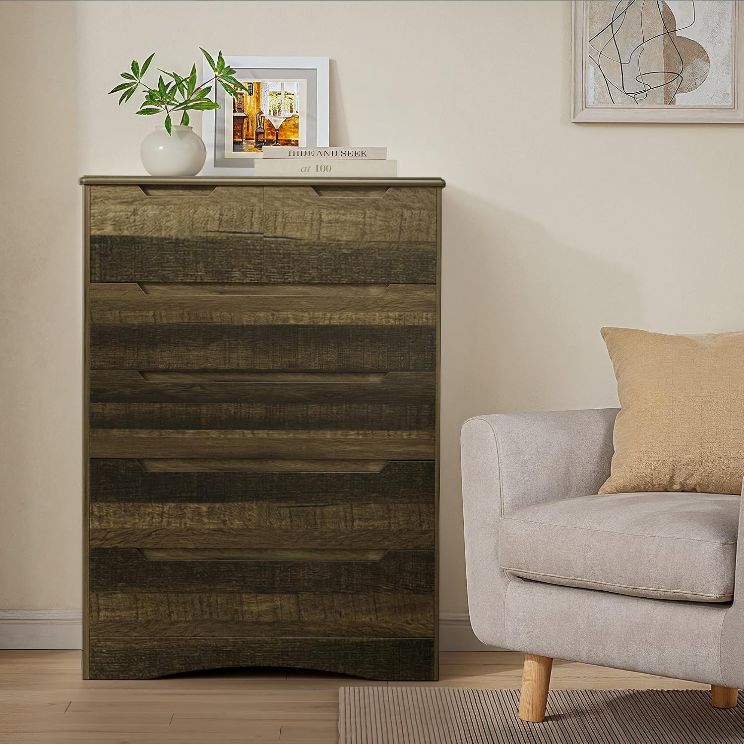 Gizoon 6 Drawer Dresser, Chest of Drawers with Large Storage, Dark Brown Dressers for Bedroom, Tall Dresser and Organizer with Anti-Tripping, Wooden Cabinet for Office, Living Room, Entryway