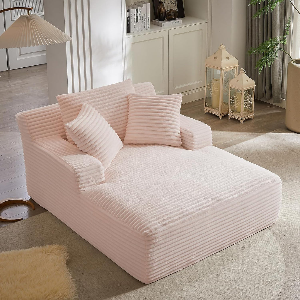 Oversized Chaise Lounge Chair Indoor, 66' Cloud Boneless Sleeper Couch Corduroy Upholstered Sofa Bed Deep Seat Comfy Reading Chair with 3 Pillows for Living Room Bedroom, Pink