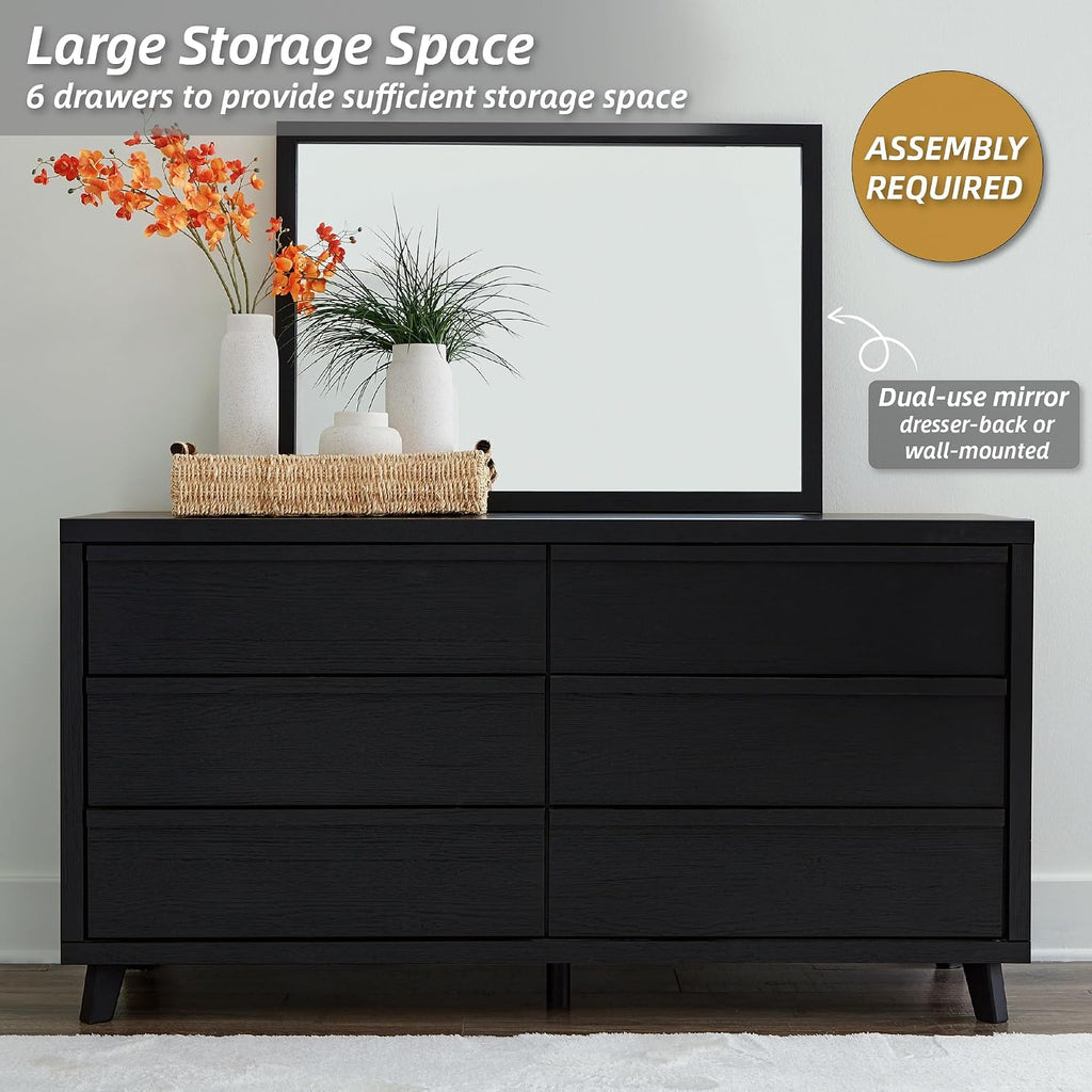 Signature Design by Ashley Danziar Mid-Century Modern 6-Drawer Dresser and Mirror with Safety Stop, Black