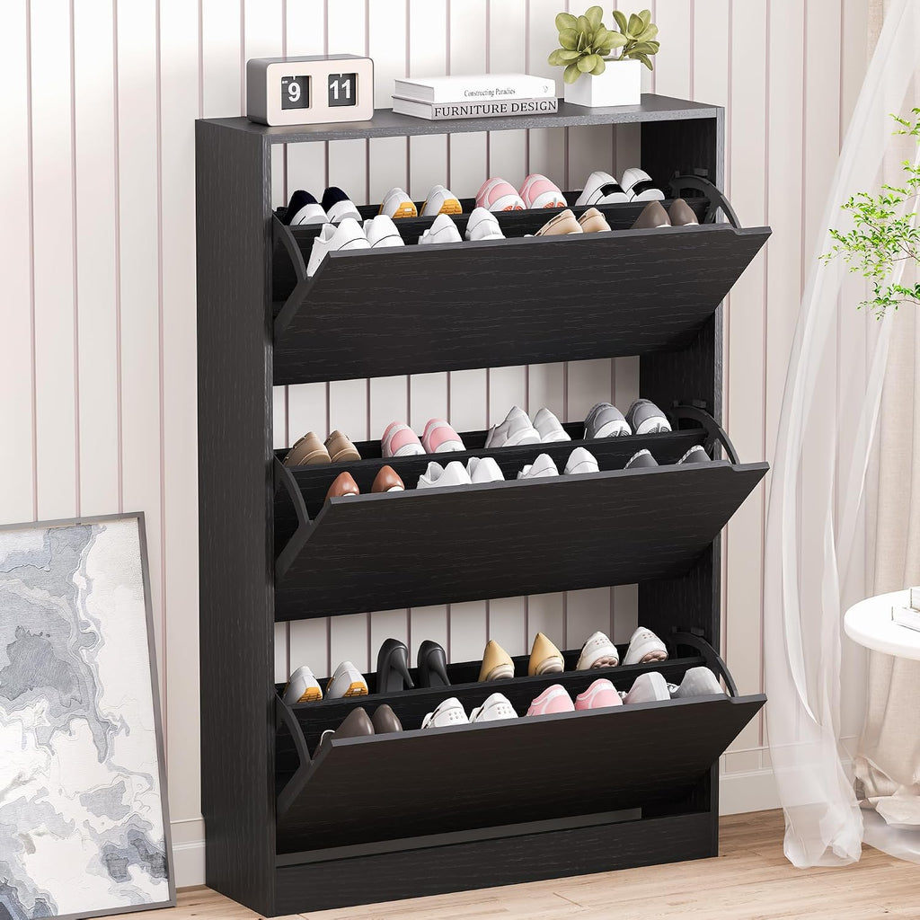 BORNOON Shoe Storage Cabinet with 3 Flip Drawers,Narrow Shoe Rack Cabinet,Freestanding Organizer Storage for Entryway, Hallway, Black