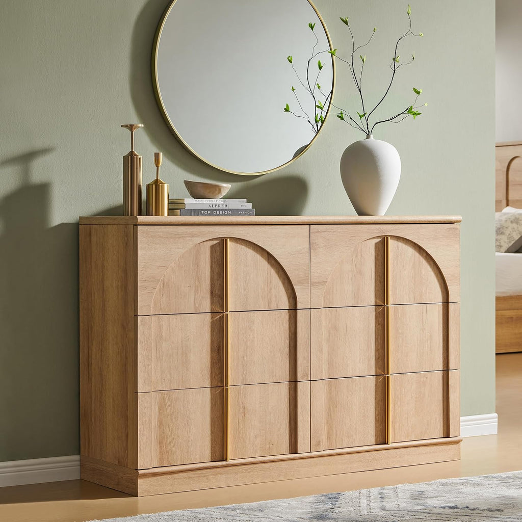 ACCOHOHO Arched Dresser for Bedroom with 6 Drawers, 47.3' Wide Modern Chest of Drawers with Rounded Edge & Metal Handles, Wood Storage Closet Dressers TV Stand for Living Room, Hallway, Oak