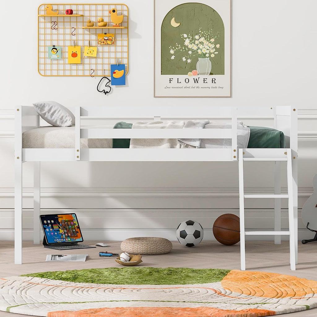 JIVOIT Full Size Low Loft Bed, Wooden Loft Bed with Convertible Ladder, Ladder can be Placed on The Left or Right, Full-Length Guardrails, No Box Spring Required (White & Convertible Ladder,Full)