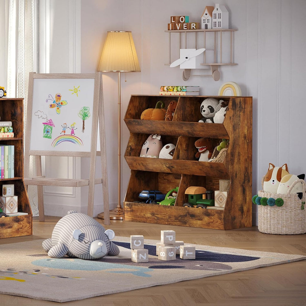 DINZI LVJ Toy Storage Organizer, Kids Bookshelf, Wooden Toy Storage Cabinet, 6 Cubby Children Bookcase, 39.4' L Toddler Book Shelf for Playroom, Living Room, Nursery, Hallway, School, Rustic Brown