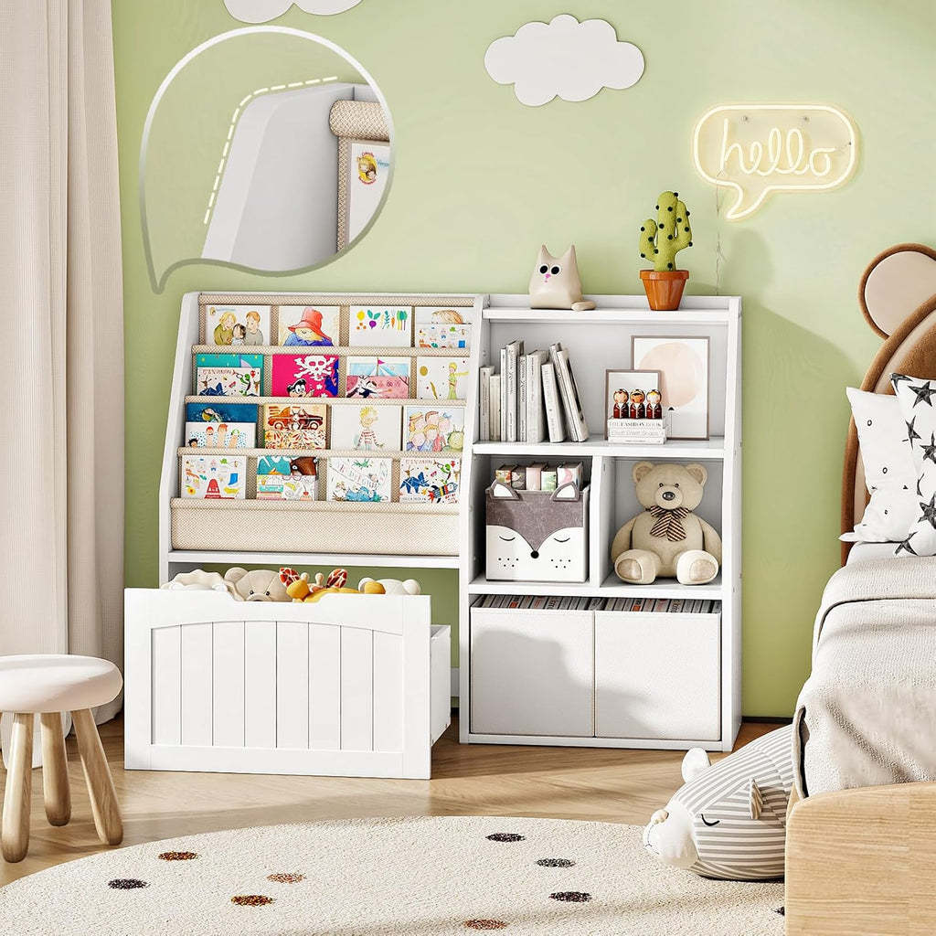 CHOEZON Kids Bookshelf, Children's Bookcase with 4 Sling Book Shelves, Toy Storage Cubby, Fabric Storage Baskets, Wooden Book Shelf for Kids' Room, Playroom, Nursery, Living Rooms, White MCW17WB