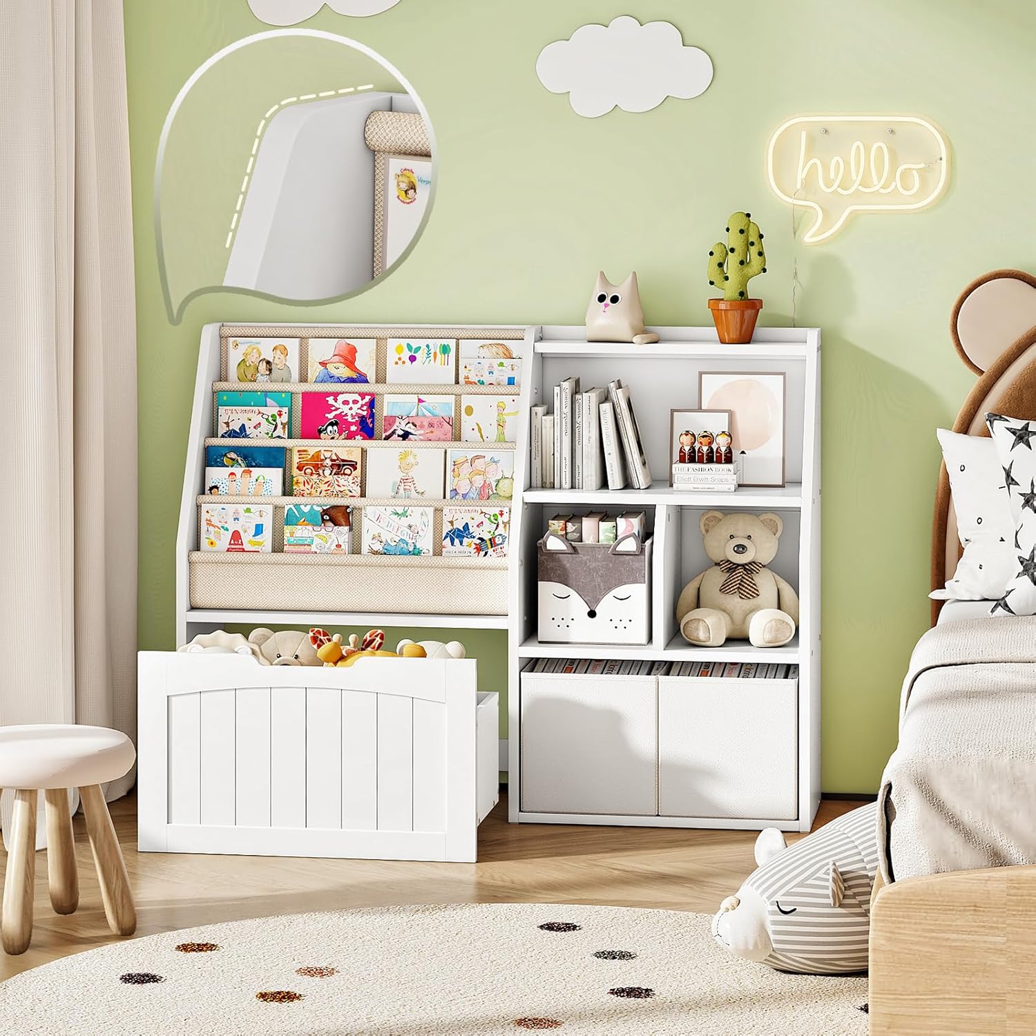 CHOEZON Kids Bookshelf, Children's Bookcase with 4 Sling Book Shelves, Toy Storage Cubby, Fabric Storage Baskets, Wooden Book Shelf for Kids' Room, Playroom, Nursery, Living Rooms, White MCW17WB