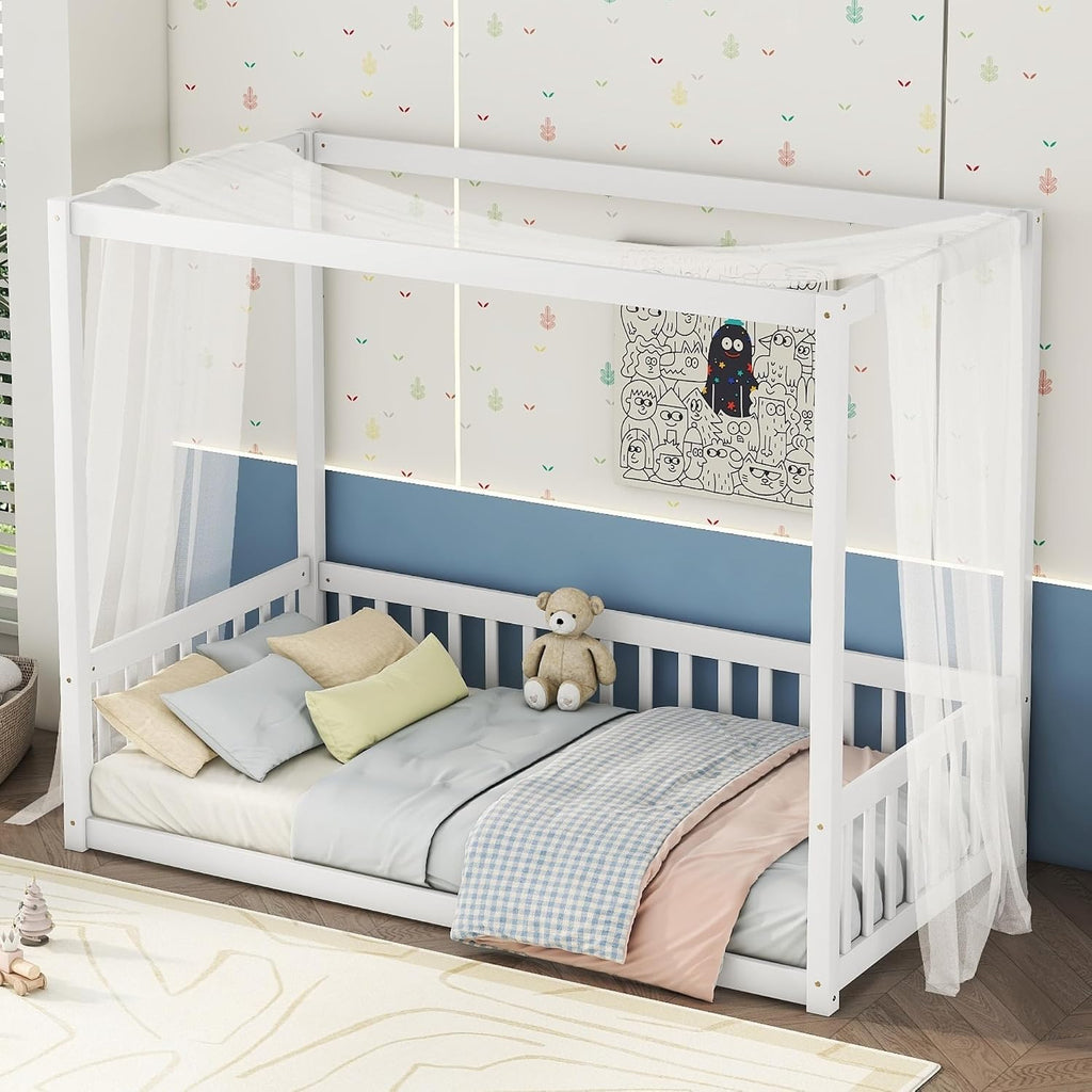 Twin Size Canopy Bed Frame with Guardrails for Kids,Floor Bed Twin with Four Poster Design,Kids Montessori Floor Bed,Wood Canopy Bed Frame for Girls,Boys(Twin,White)