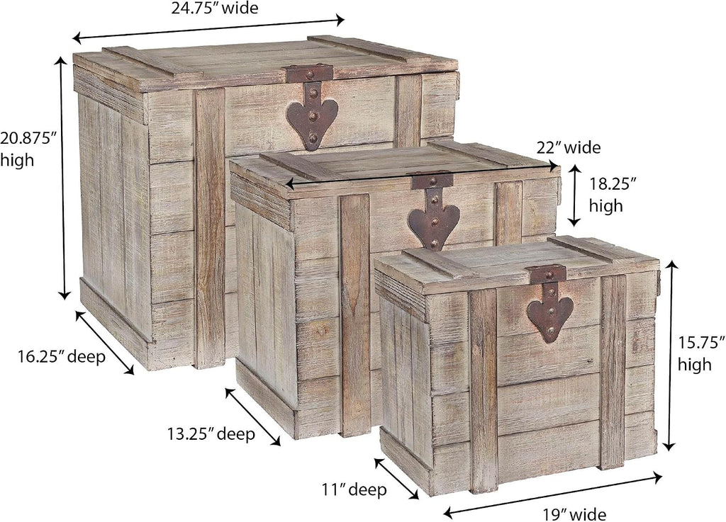 Household Essentials Antiqued Decorative Trunk, 3 Piece Set, Small, Medium and Large, Chinese Fir Panel and MDF, Smooth Backing and Metal Hinge Accent, Flat Top and Stay-Open Lid