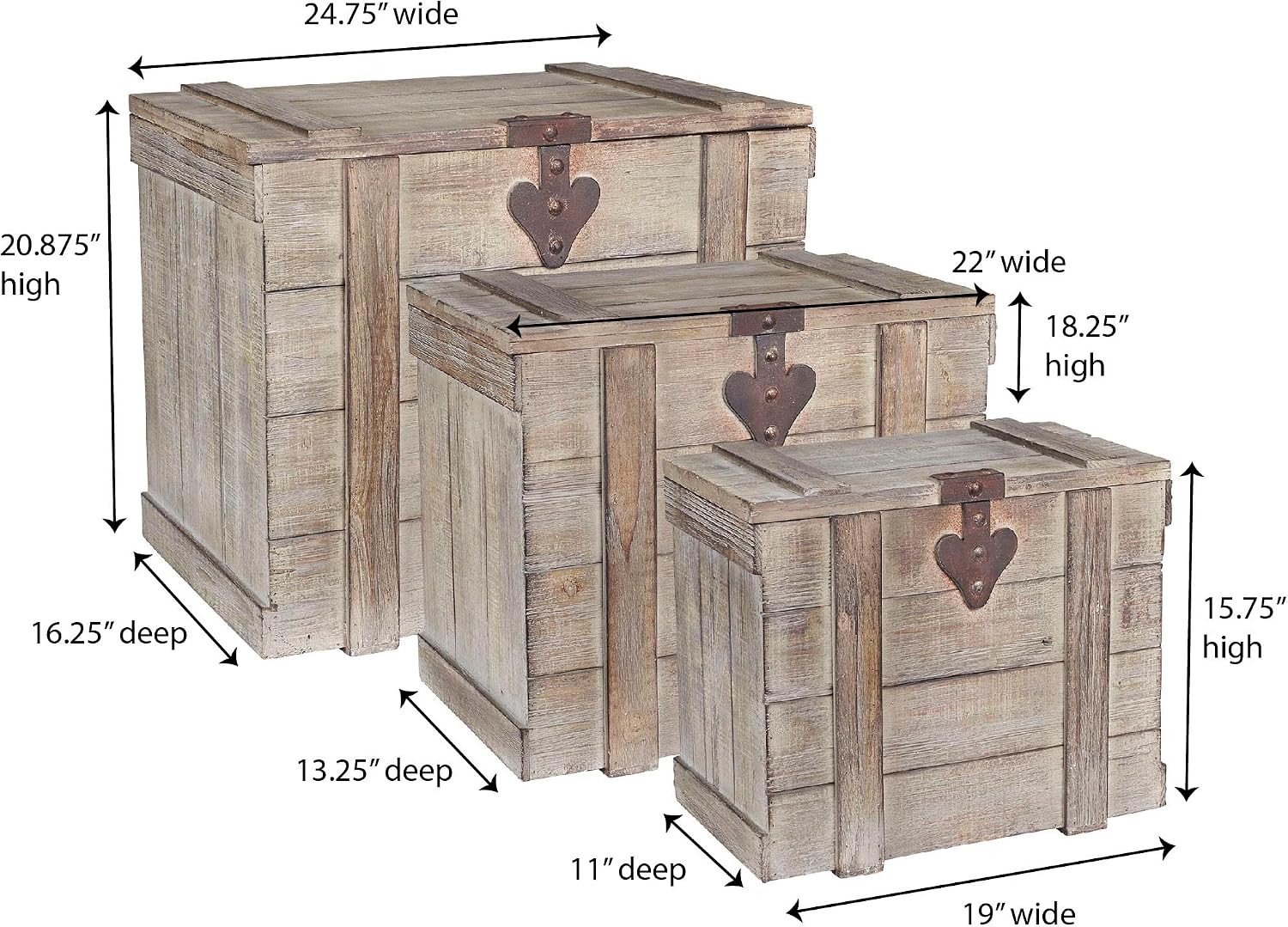 Household Essentials Antiqued Decorative Trunk, 3 Piece Set, Small, Medium and Large, Chinese Fir Panel and MDF, Smooth Backing and Metal Hinge Accent, Flat Top and Stay-Open Lid