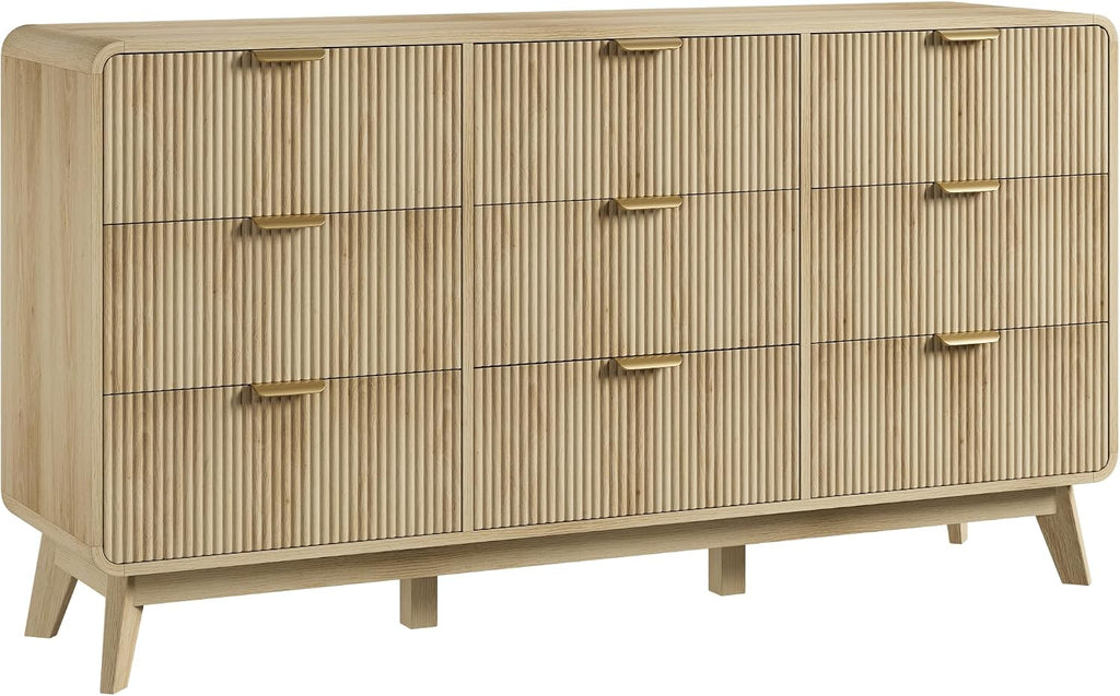 QUW Fluted 59.1' Wide Modern Dresser for Bedroom with 9 Drawers, Tall Chest of Drawers with Metal Handle, Wooden Dresser TV Stand, Hallway, Living Room, Natural Oak