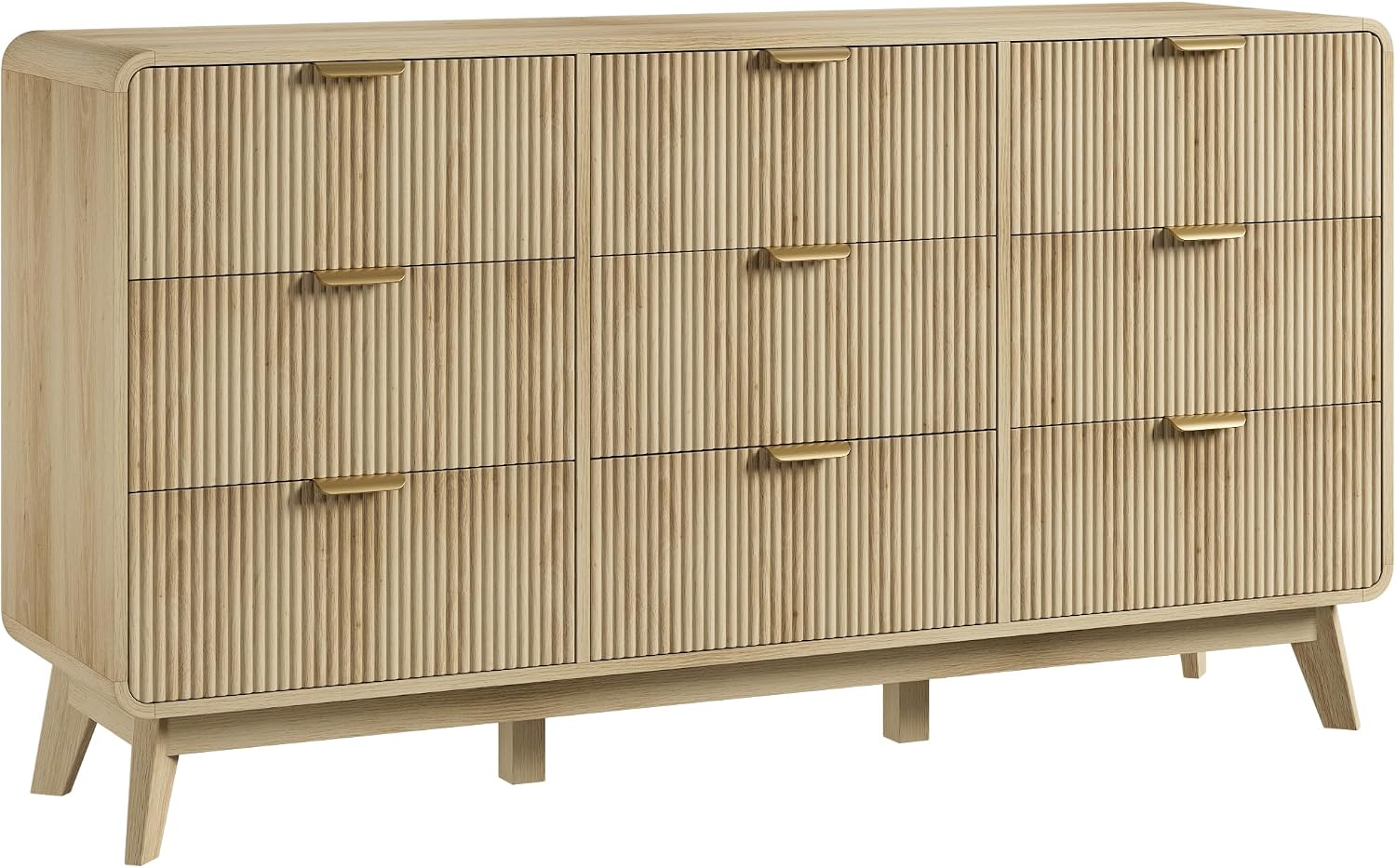 QUW Fluted 59.1' Wide Modern Dresser for Bedroom with 9 Drawers, Tall Chest of Drawers with Metal Handle, Wooden Dresser TV Stand, Hallway, Living Room, Natural Oak