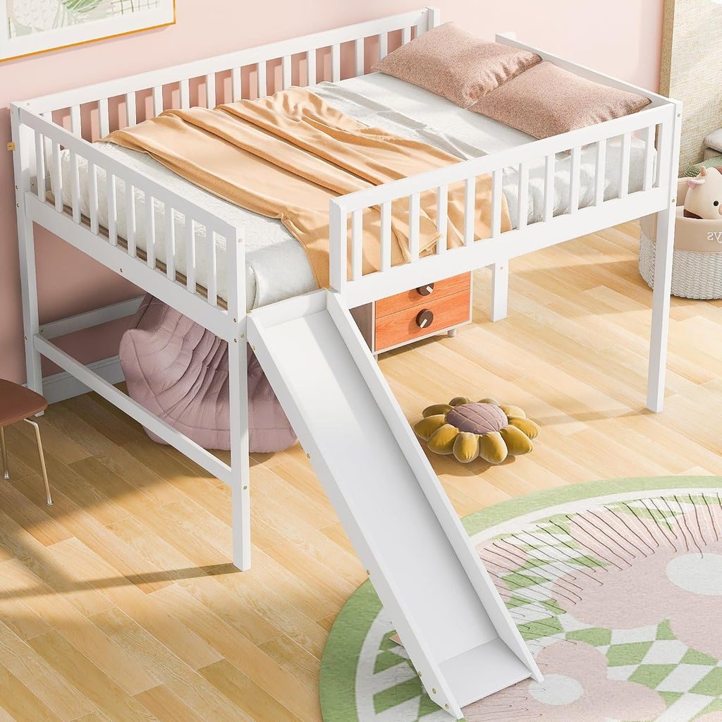 JIVOIT Full Size Wood Loft Bed with Slide, Low Loft Bed with Built-in Ladder and Safety Rails, Space Saving Kids Loft Bed with Underneath Spacious Space, for Kids Boys Girls (White,Full 1)