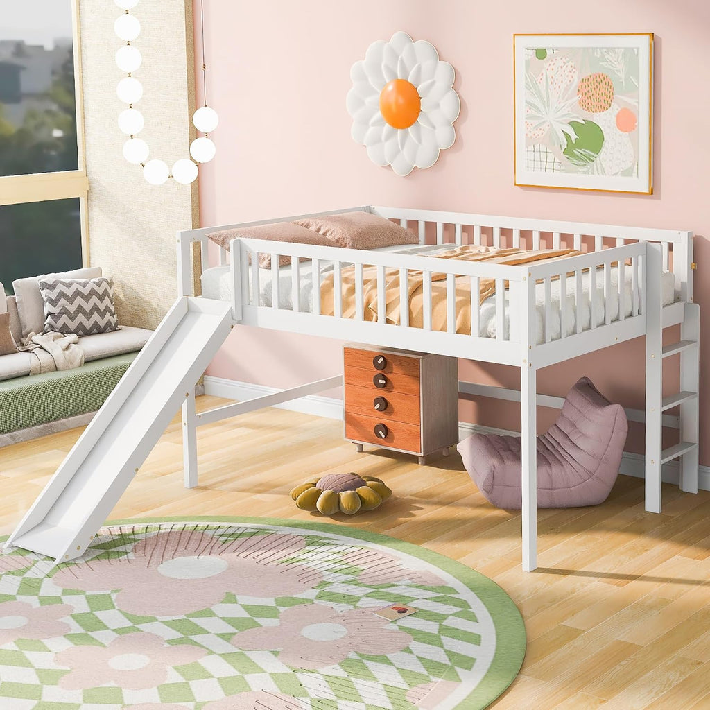 JIVOIT Full Size Wood Loft Bed with Slide, Low Loft Bed with Built-in Ladder and Safety Rails, Space Saving Kids Loft Bed with Underneath Spacious Space, for Kids Boys Girls (White,Full 1)