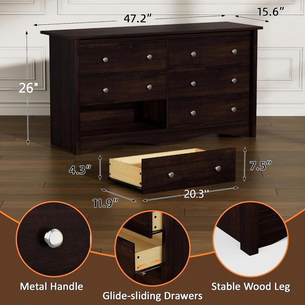 Flamaker Dresser for Bedroom, 6 Drawer Dresser, 47.2'' Wood Dressers, Wide Chest of Drawer, Storage Drawers, Storage Organizer for Closet, Hallway (Brown)