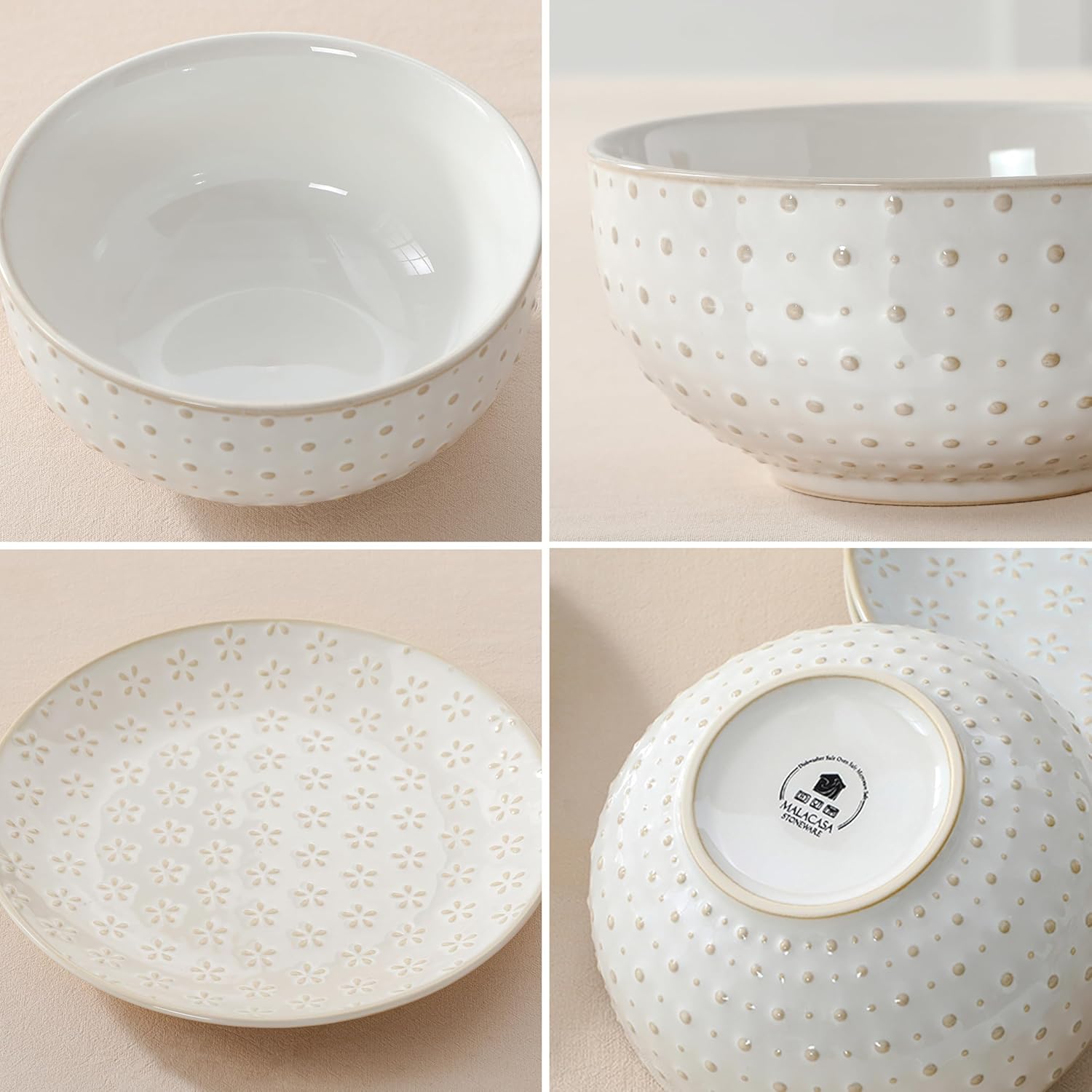 MALACASA 12 Pieces Dinnerware Sets, Modern Relief Design Plates and Bowls Sets, White Dish Set for 4, Kitchen Ceramic Dinner Plates Dishware Set, Microwave and Dishwasher Safe, Series LYDIA