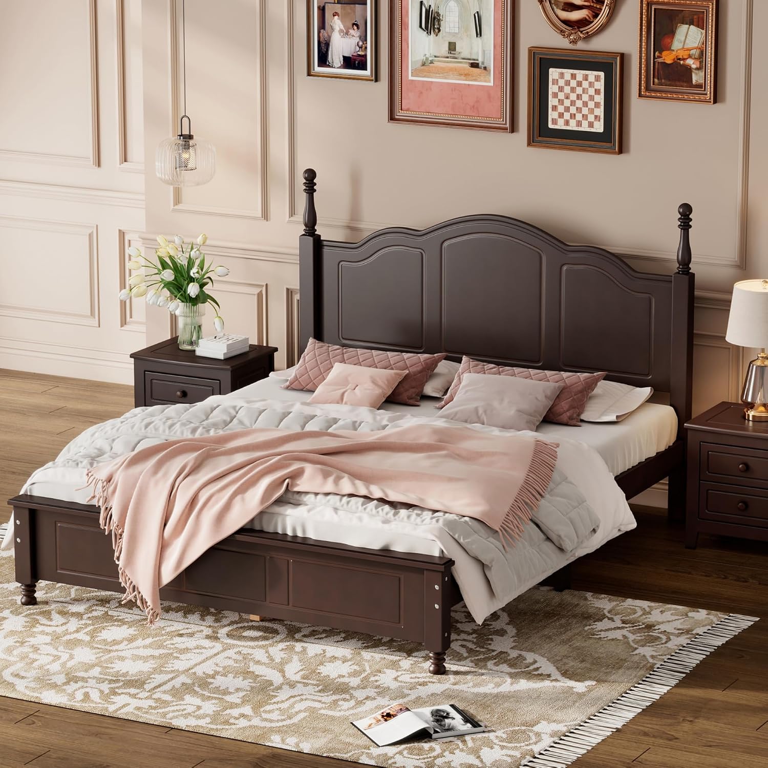 JIVOIT Wood Queen Bed Frame with Headboard and Footboard, Retro Style Platform Bed with Wooden Slat Support, Solid Wood Foundation, Queen Size Wooden Bed Frame (Dark Walnut, Queen Bed, 1)