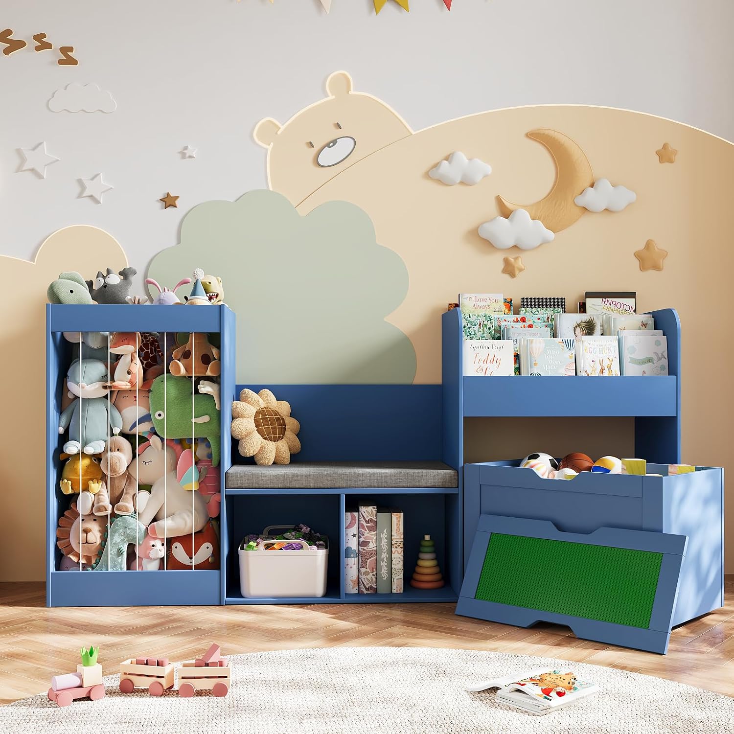 68.9'W Reading Nook, Kids Bookshelf, Toy Storage Organizer, Removable Building Baseplate Lid for Lego, Rolling Drawers, Stuffed Animal Storage, Bench and Removable Cushions for Playroom(Blue)