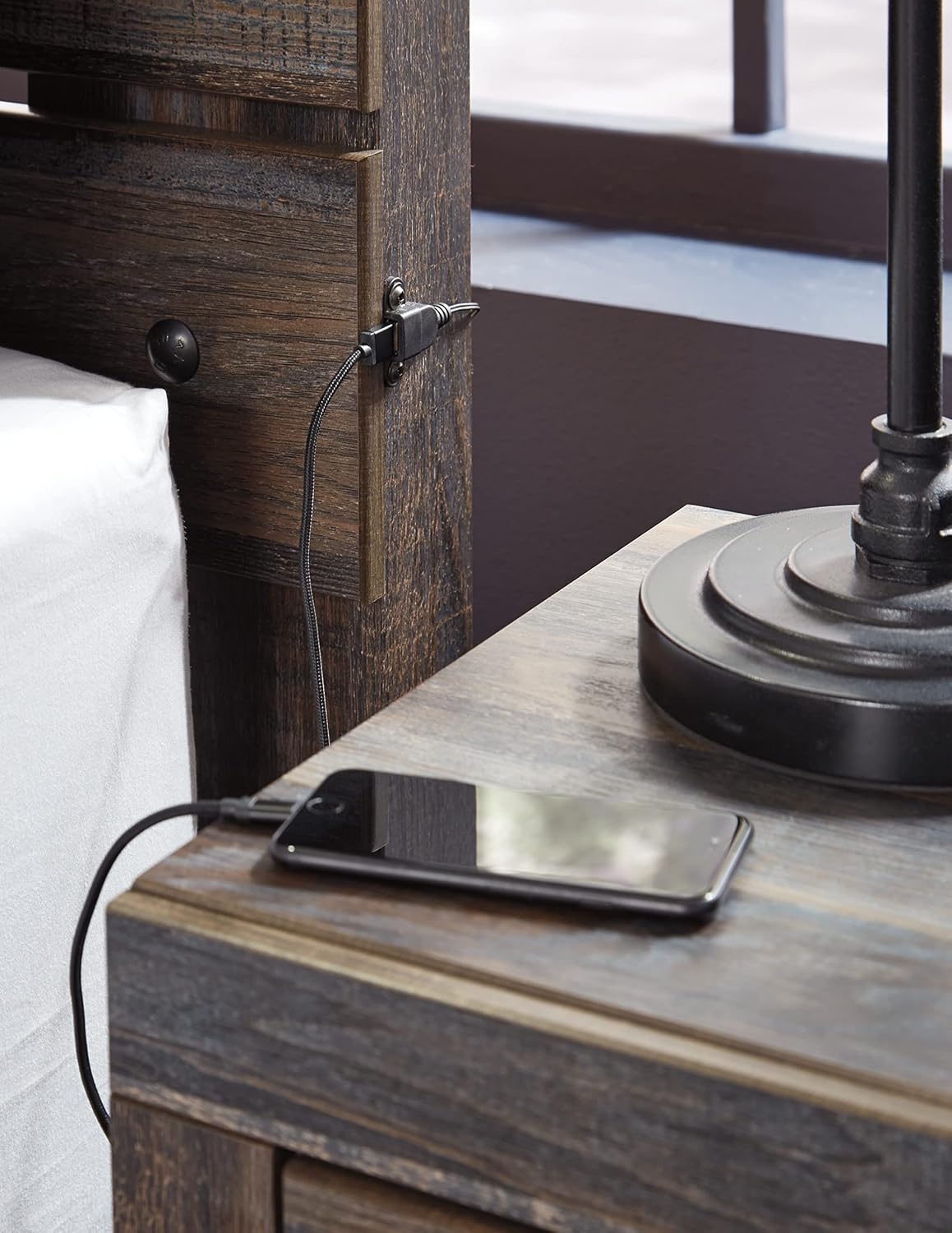 Signature Design by Ashley Drystan Rustic Panel Headboard ONLY with USB Charging Stations, Full, Brown