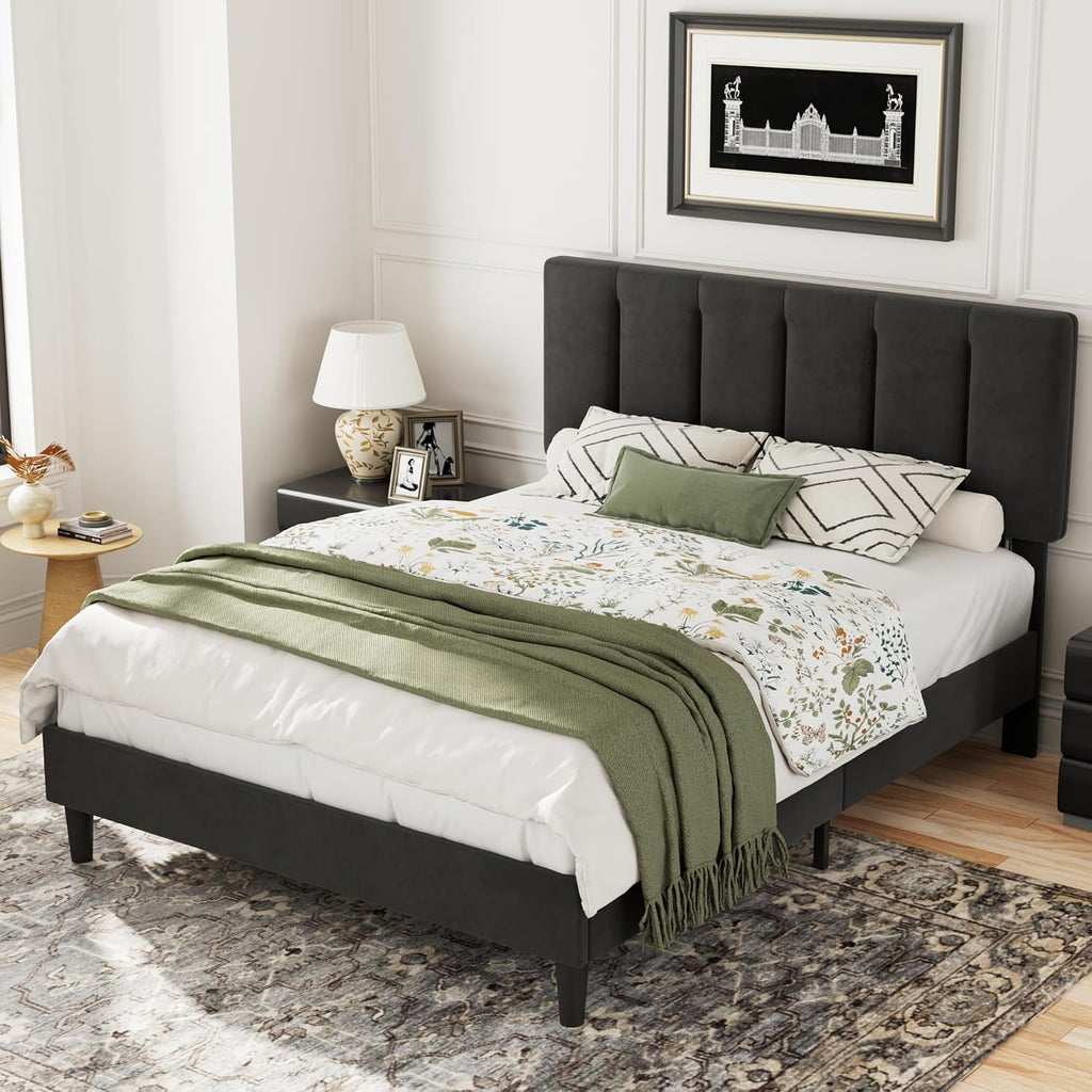 VECELO Full Bed Frame with Upholstered Headboard, Heavy-Duty Platform Bedframe with Strong Wooden Slats Support, No Boxing Spring Needed, Black
