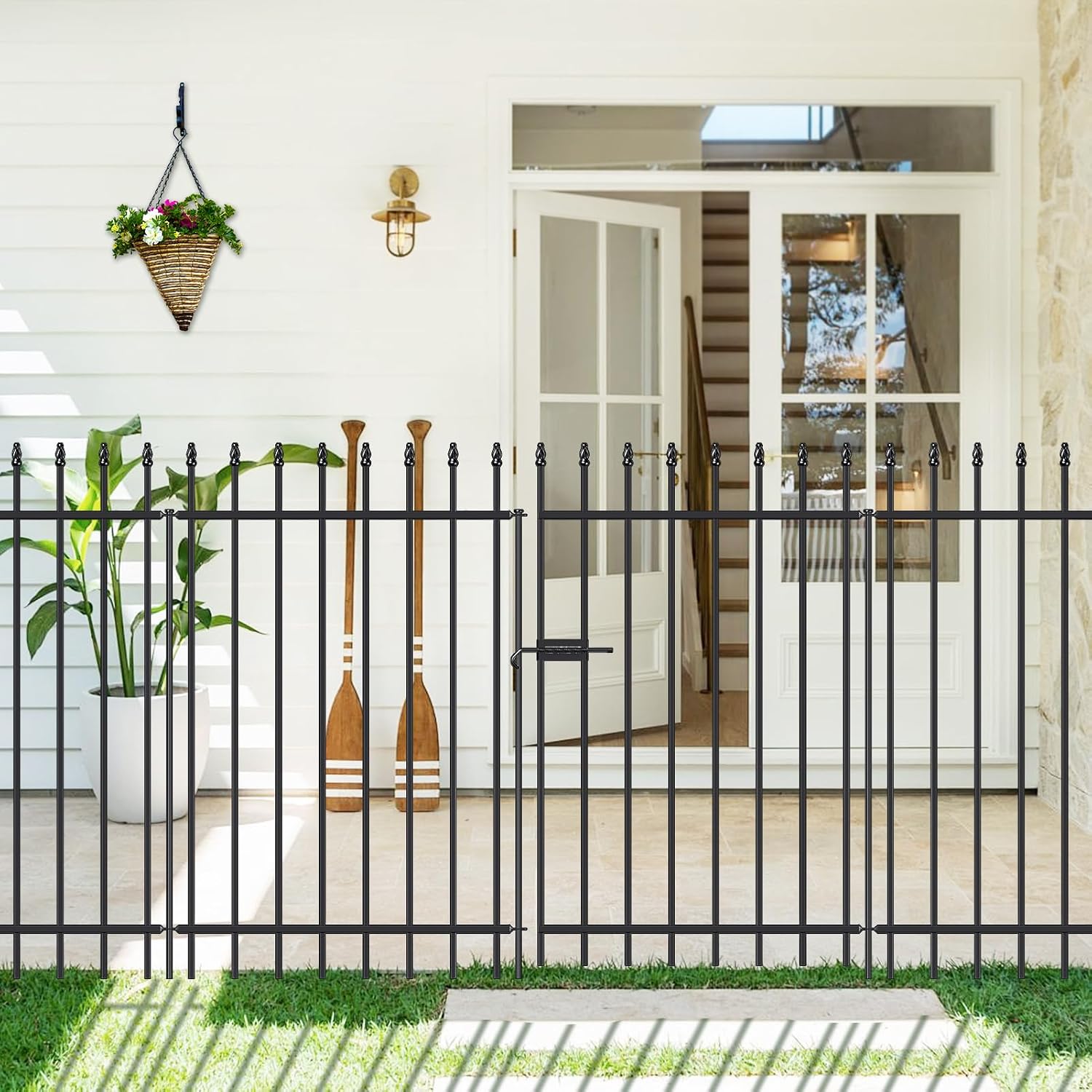 FOREHOGAR Metal Garden Fence with Gate 42 in H x 11.5 ft L, 1 Gate + 4 Panels Border Fence Panels Animal Barrier for Dogs, No Dig Garden Fencing for Yard Patio Flower Bed Lawn Outdoor, Black