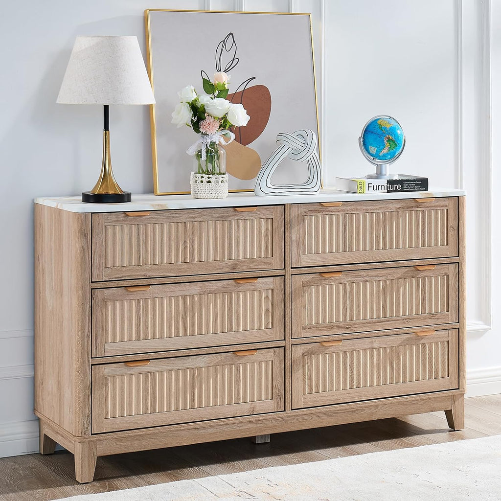 6 Drawers Dresser for Bedroom, 54' Large Storage Dresser, Natural Oak Dressers with Faux Marble Top, Modern Dressers & Chests of Drawers for Living Room Entryway, Natural Fluted 6 drawers dresser