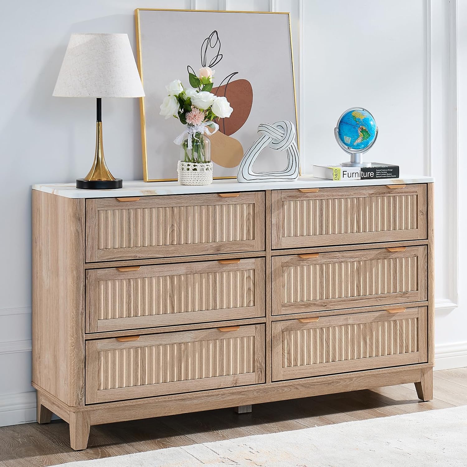6 Drawers Dresser for Bedroom, 54' Large Storage Dresser, Natural Oak Dressers with Faux Marble Top, Modern Dressers & Chests of Drawers for Living Room Entryway, Natural Fluted 6 drawers dresser