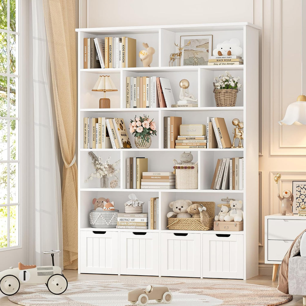 FINETONES 69' H Toy Storage Organizer, 6 Tier Tall Kids Bookshelf with 4 Movable Drawers and 12 Storage Cubbies, 49.4' W Toy Organizers and Storage Organizer Playroom Storage for Kids Room