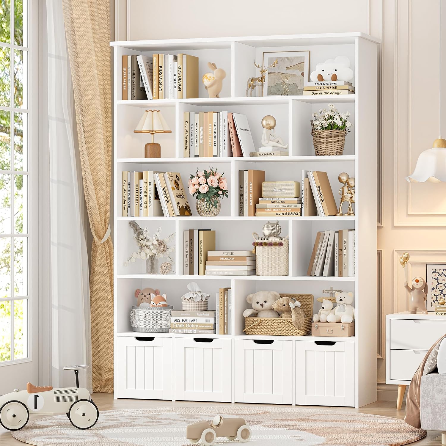 FINETONES 69' H Toy Storage Organizer, 6 Tier Tall Kids Bookshelf with 4 Movable Drawers and 12 Storage Cubbies, 49.4' W Toy Organizers and Storage Organizer Playroom Storage for Kids Room